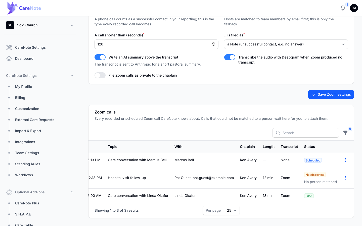 The Zoom calls table showing Scheduled, Needs review and Filed statuses with a row menu at the right