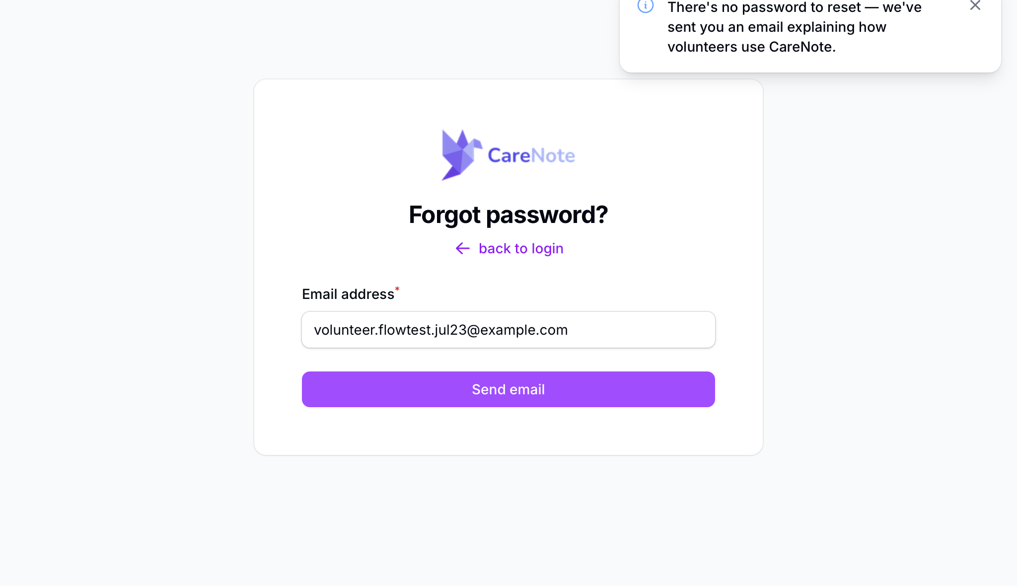 The forgot-password page confirming there is no password to reset