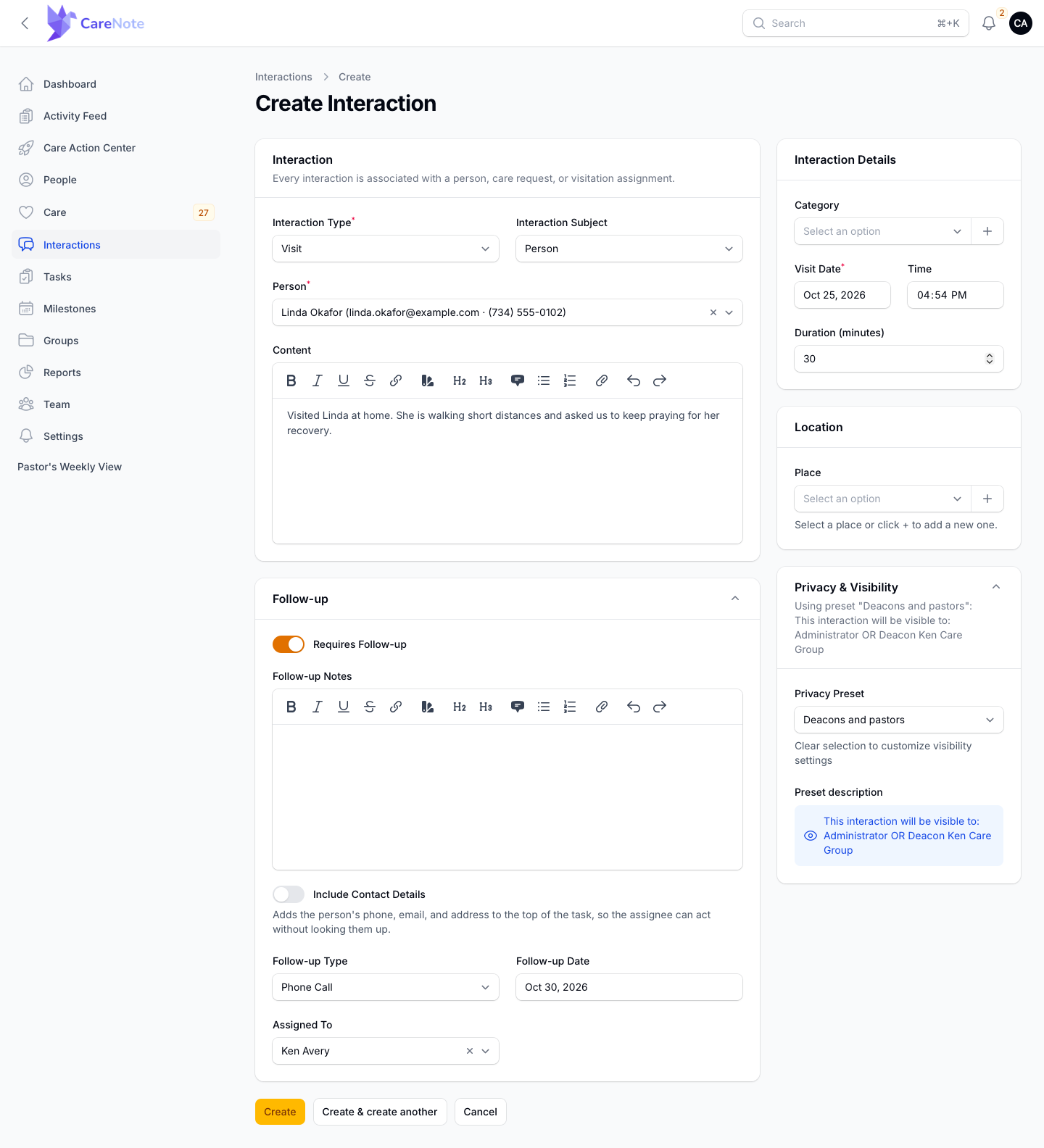 The Follow-up card filled in, beside Privacy and Visibility using the Deacons and pastors preset