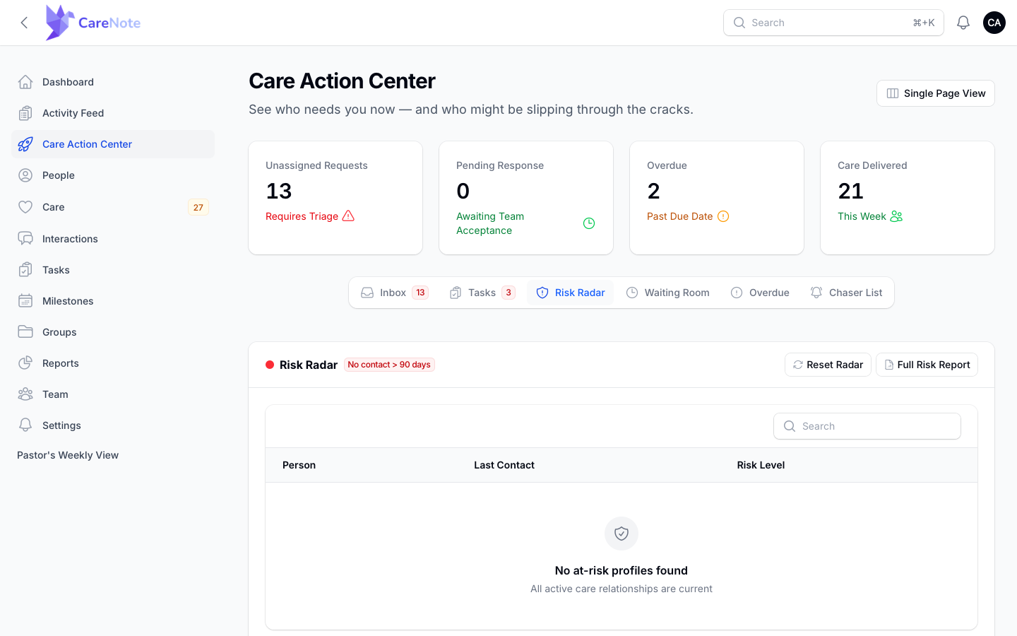 The Risk Radar tab with the Reset Radar and Full Risk Report buttons and an empty state