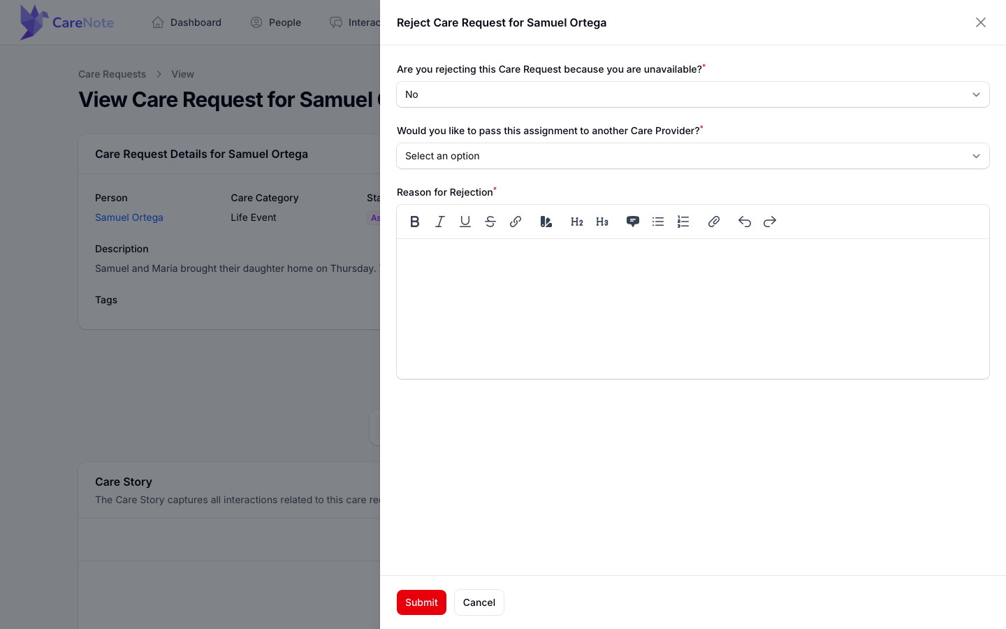 The Reject slide-over with the pass-it-on question showing after No was chosen