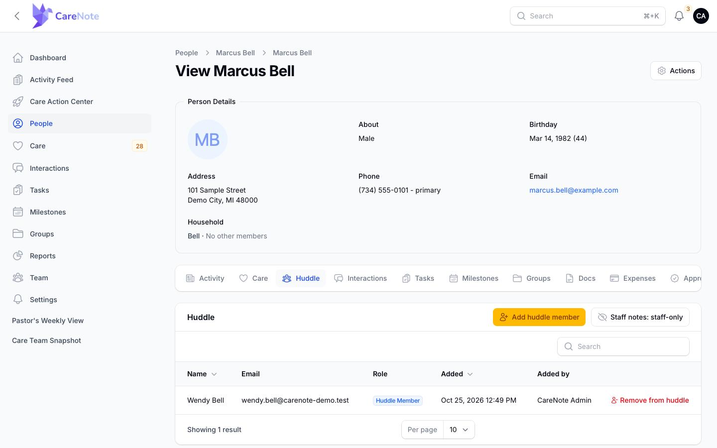 A person's profile Huddle tab with one member listed