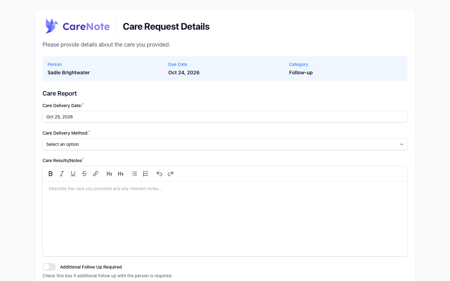 The care report page with the person, due date and category strip above the report form