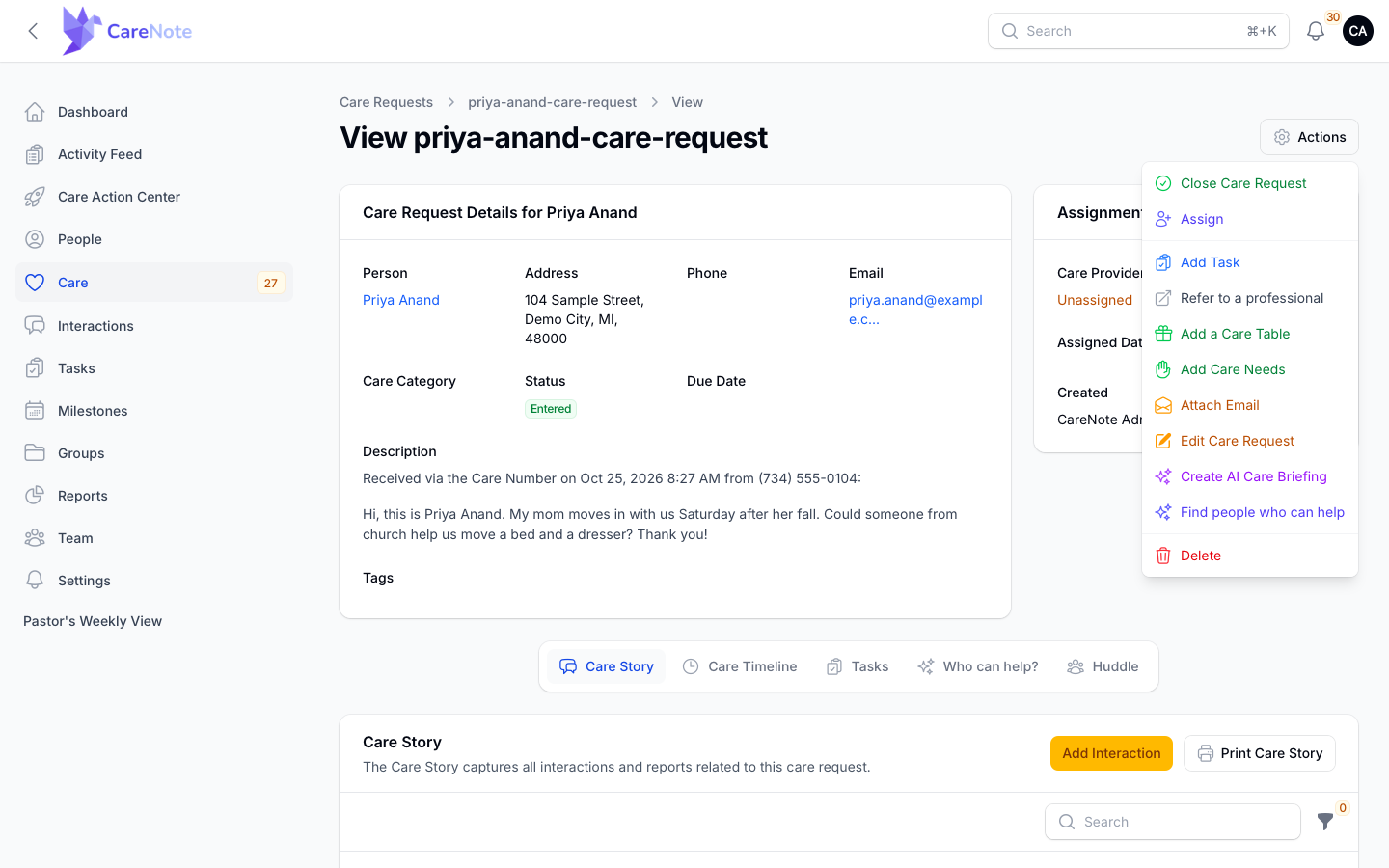 The Actions menu on a care request, with Create AI Care Briefing listed between Edit Care Request and Find people.