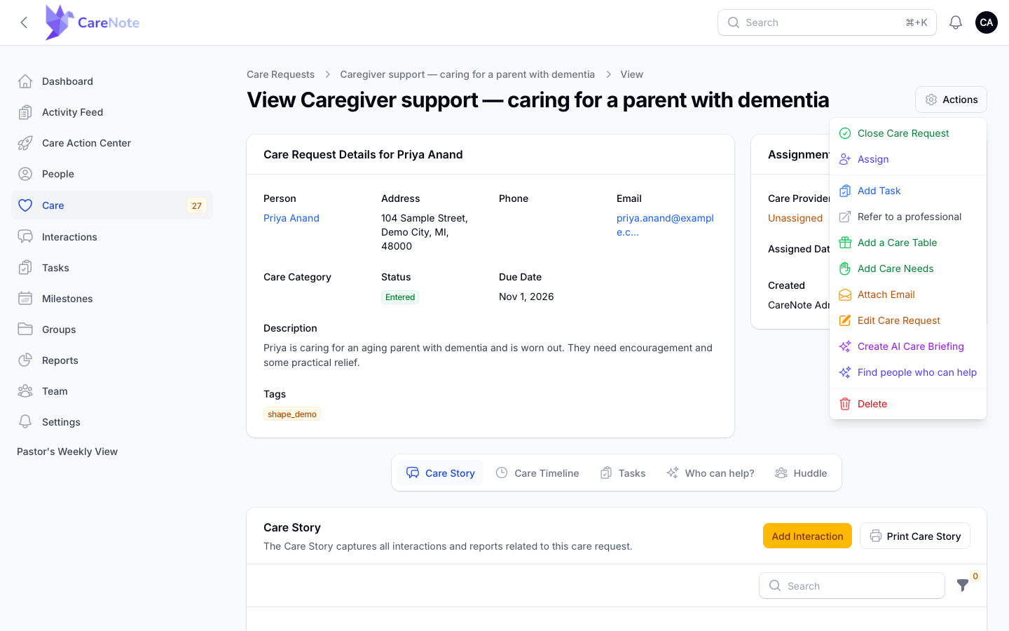 Care Request Actions menu with Add a Care Table