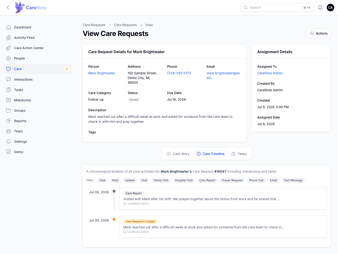 Care Timeline tab with filter chips and the Care Request Created entry