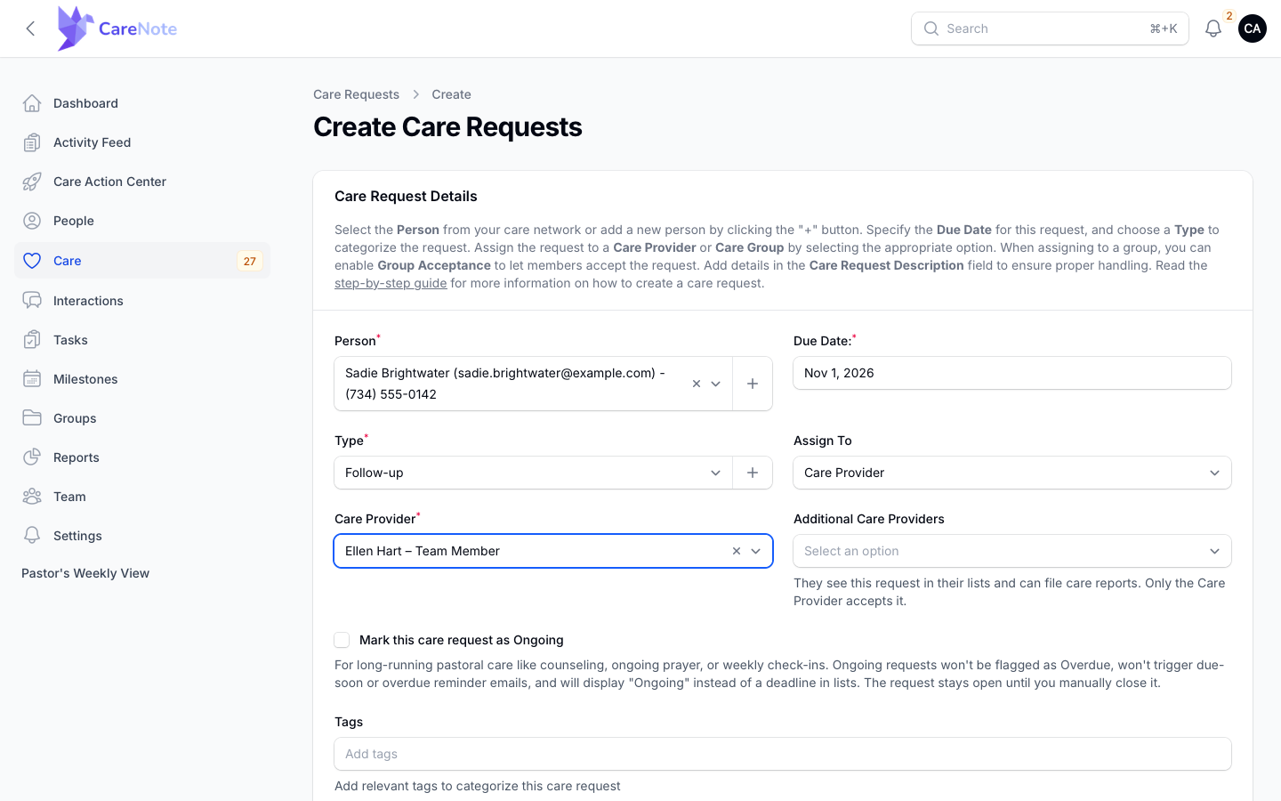 A completed create form with a Care Provider chosen and the Additional Care Providers field beside it