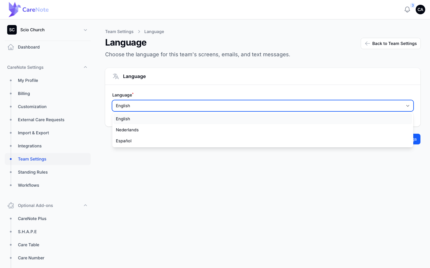 The team Language dropdown showing English, Nederlands and Español
