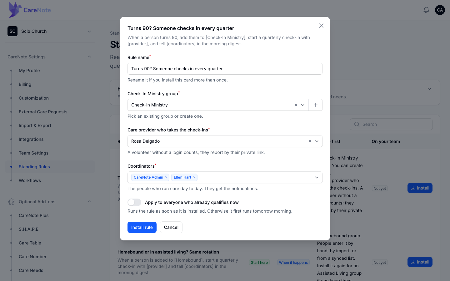 The install modal for a library card with group, care provider, and coordinators filled in