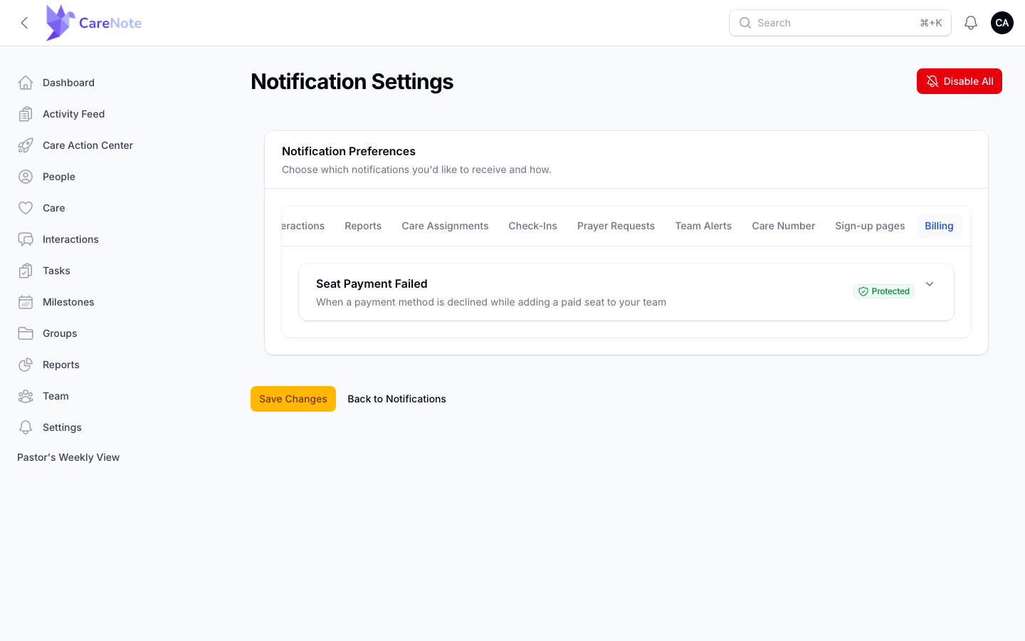 The tab strip scrolled to Care Number, Sign-up pages, and Billing