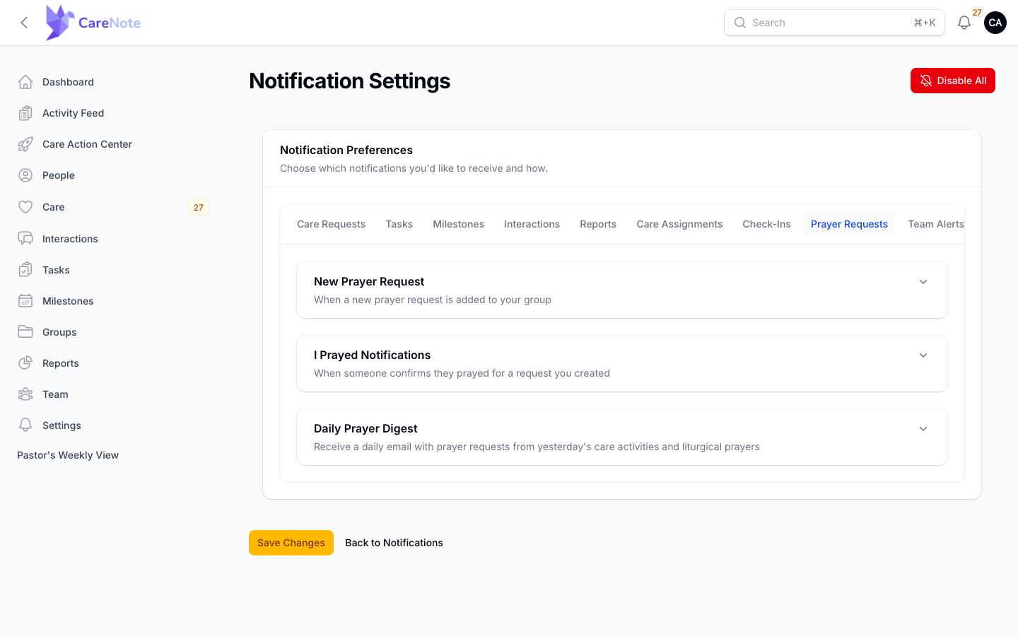 Notification Settings on the Prayer Requests tab