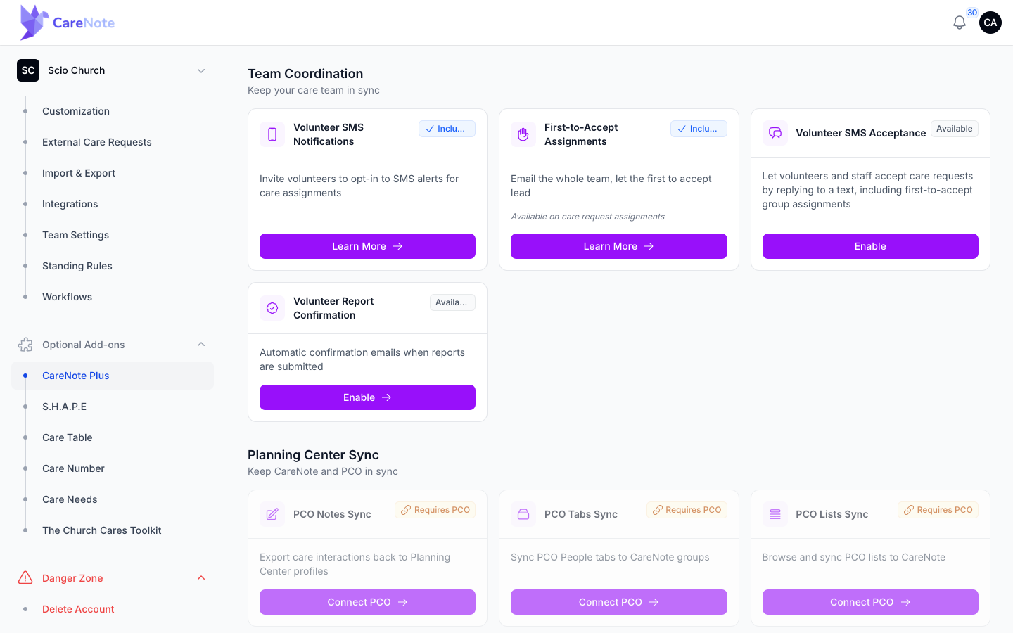 Team Coordination cards including the Volunteer SMS Acceptance Enable button