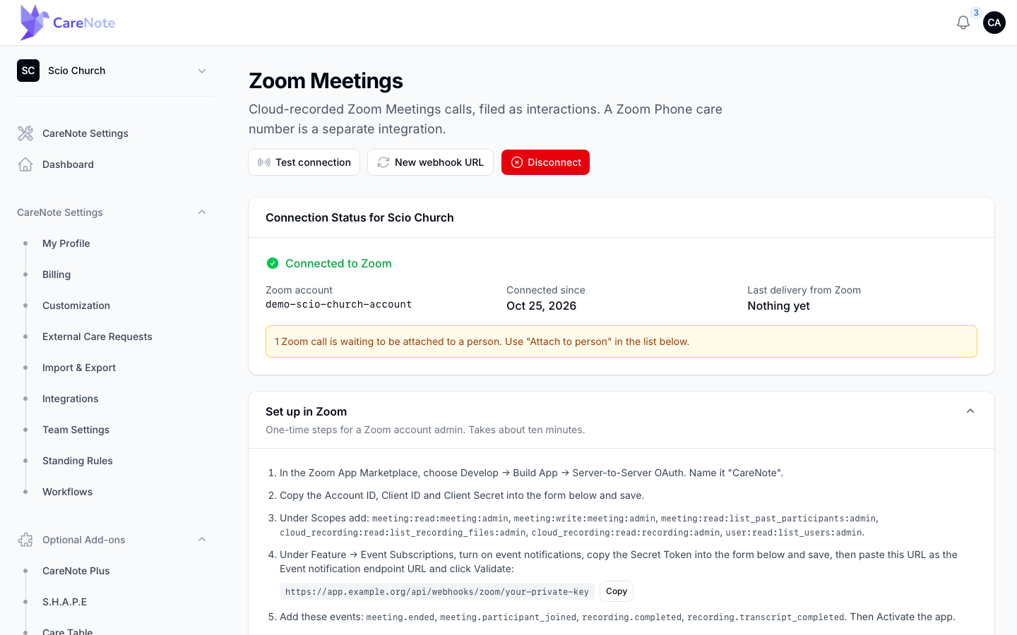 The Set up in Zoom steps expanded, with the webhook URL hidden