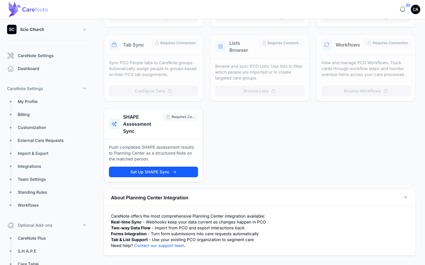 The About Planning Center Integration section listing real-time sync, two-way data flow, forms, and tabs and lists