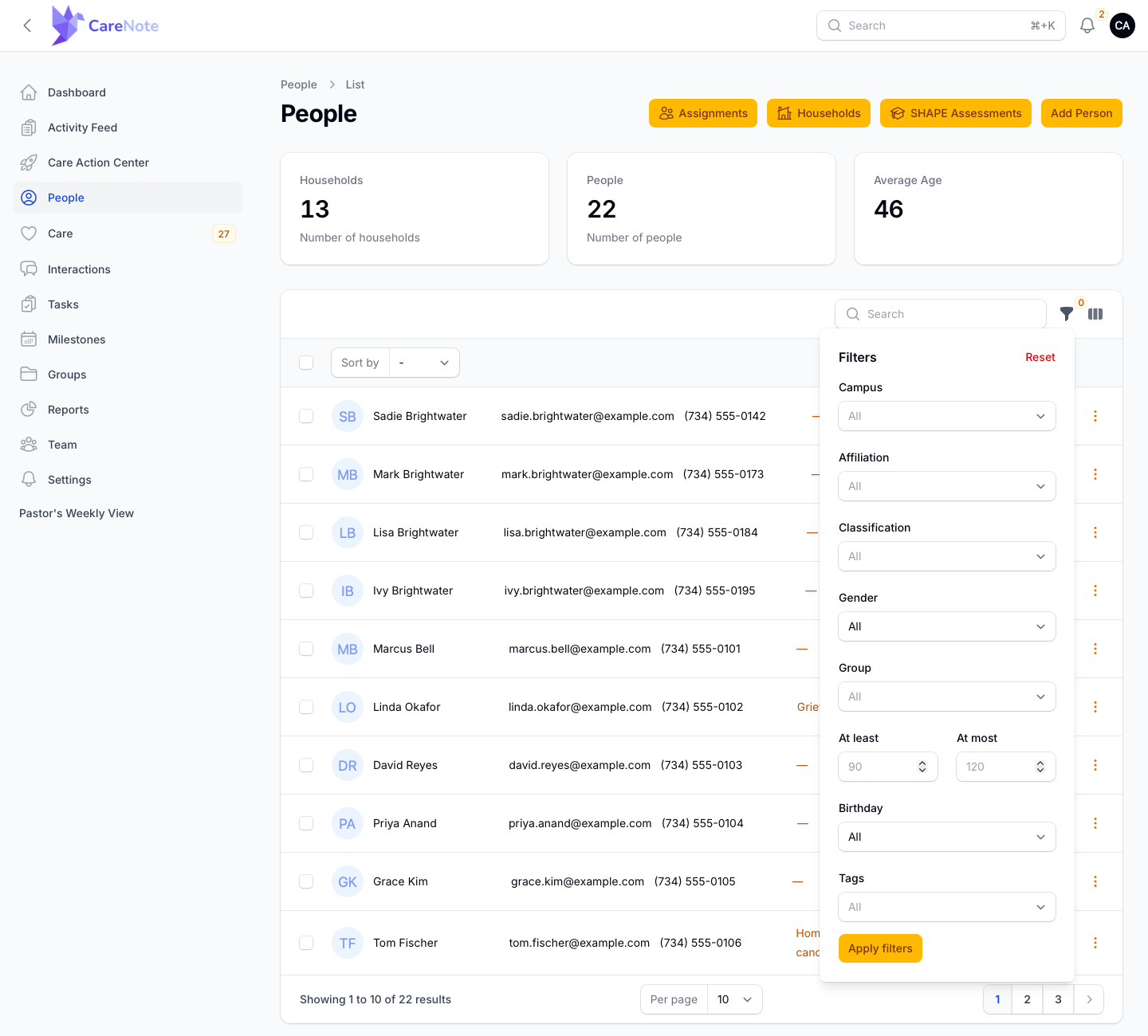 People filter panel showing Campus, Affiliation, Age range, Birthday and Tags
