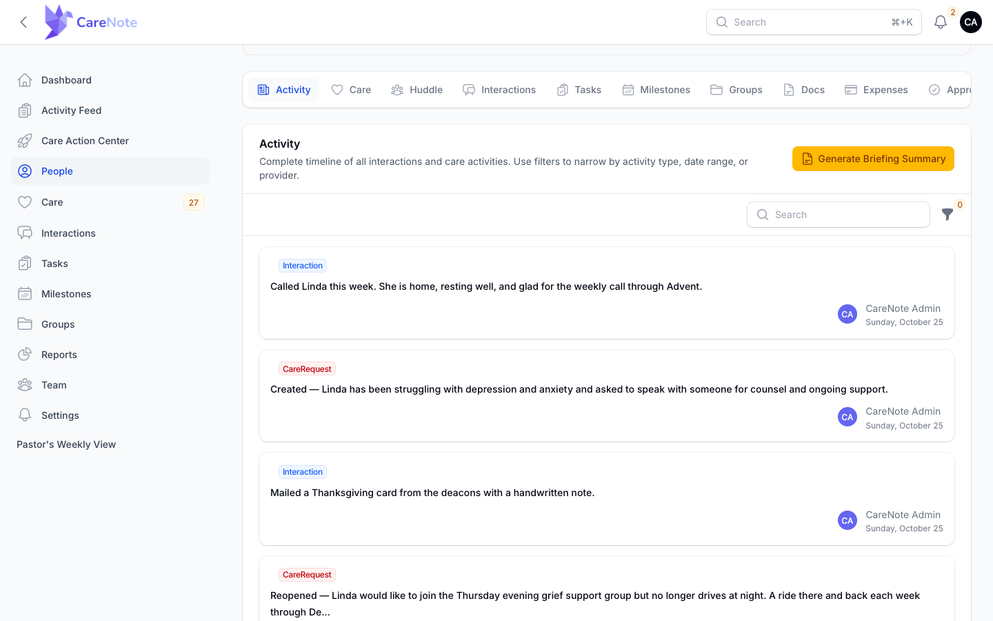 A person's Activity tab showing the Care Story with Generate Briefing Summary