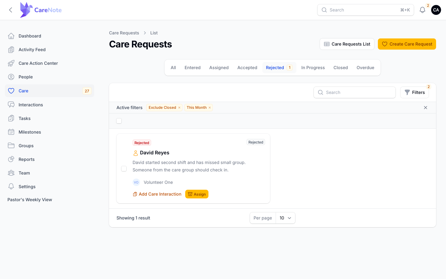 The Rejected tab on the Care Requests list with a rejected card and an amber Assign button