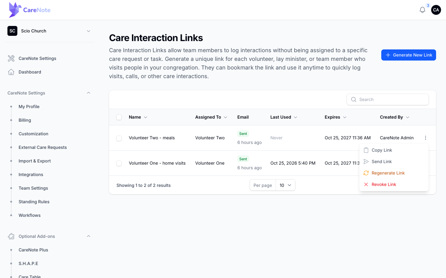 The row menu showing Copy Link, Send Link, Regenerate Link and Revoke Link