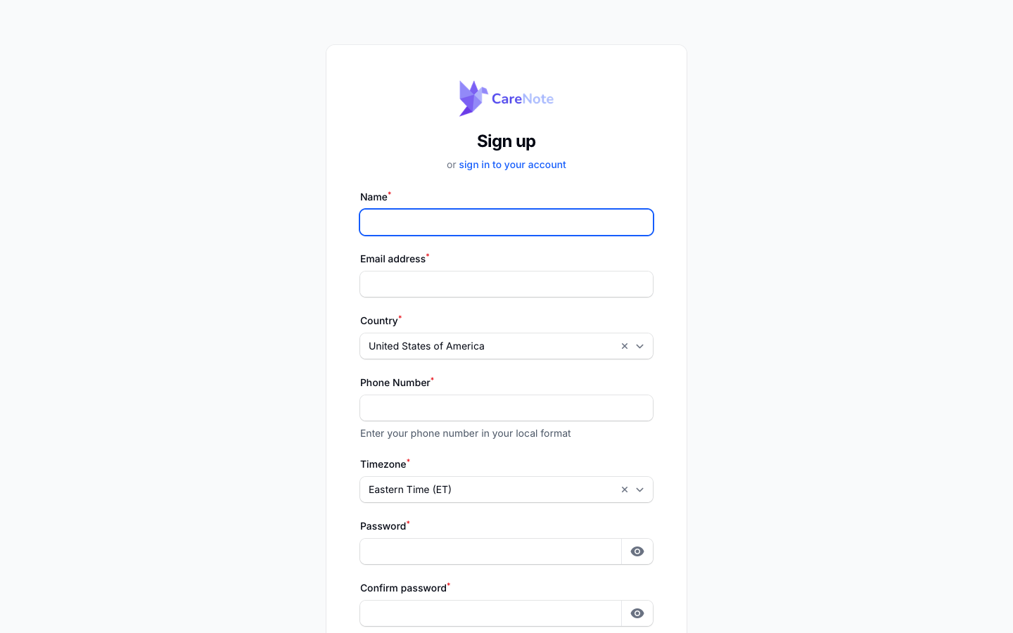 The CareNote sign-up form with Name, Email, Country, Phone Number, Timezone and password fields