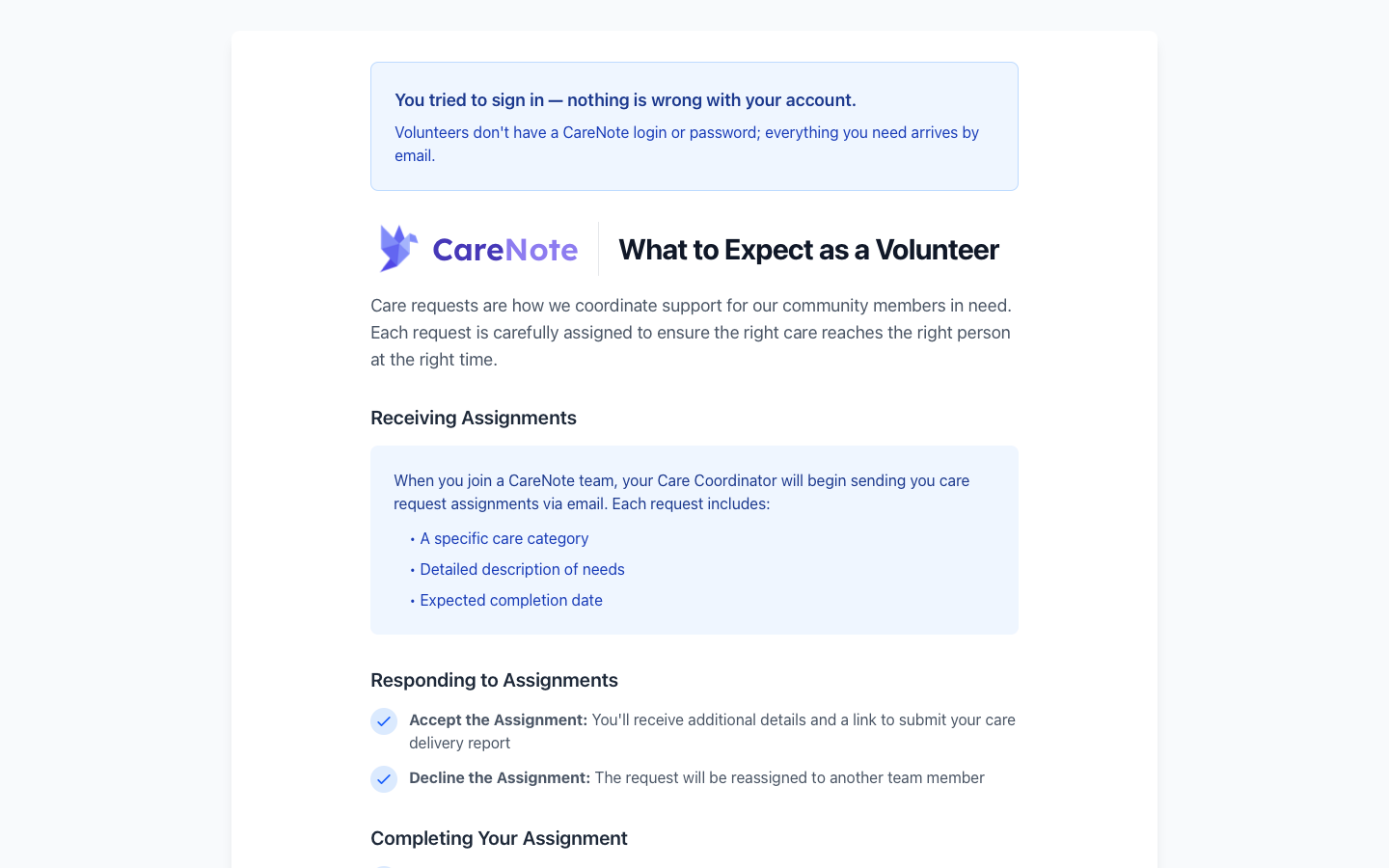 The What to Expect page under the CareNote wordmark, with a banner saying nothing is wrong