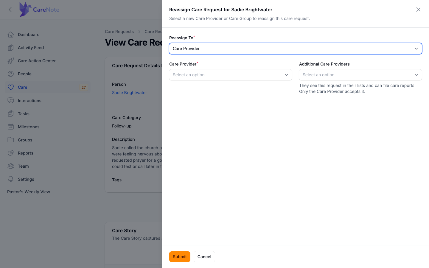 Reassign slide-over with the Care Provider branch and Additional Care Providers