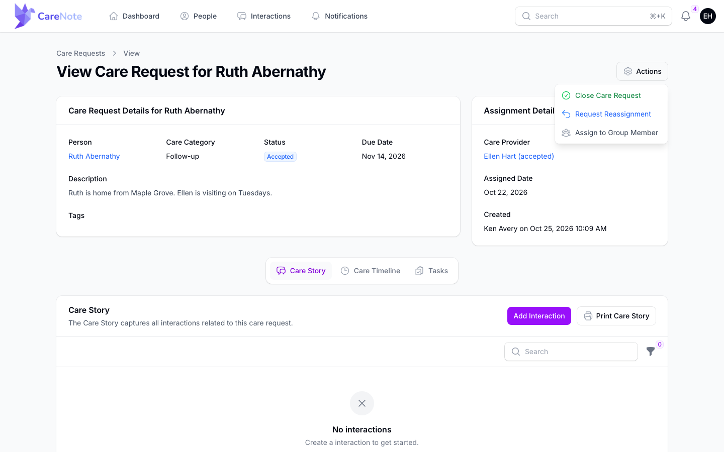 The Actions menu on an accepted request, showing Close Care Request, Request Reassignment and Assign to Group Member