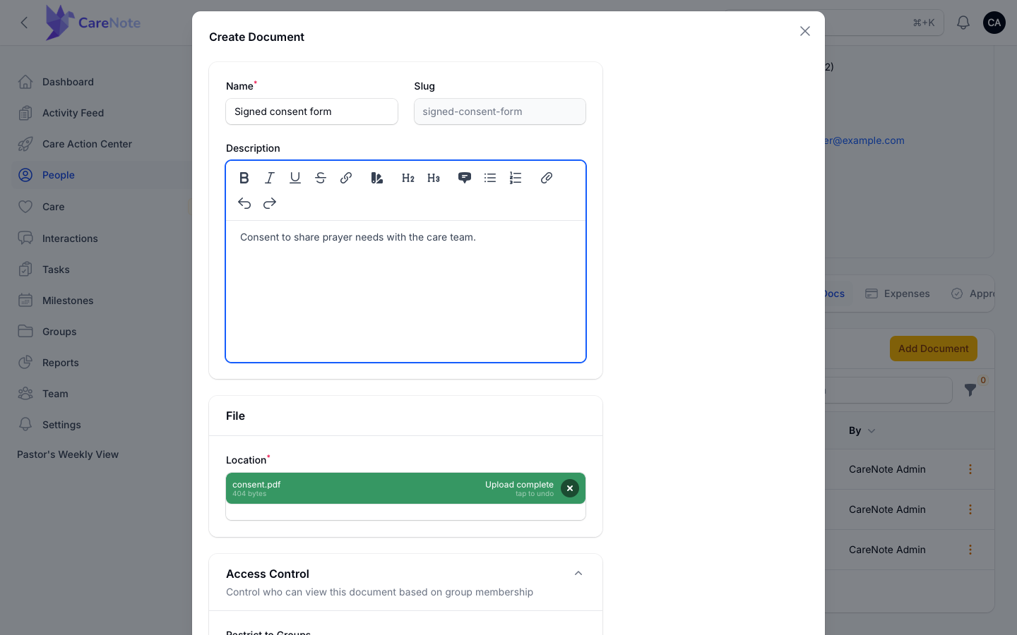 The Create Document form showing the Name, Slug, and Description fields.