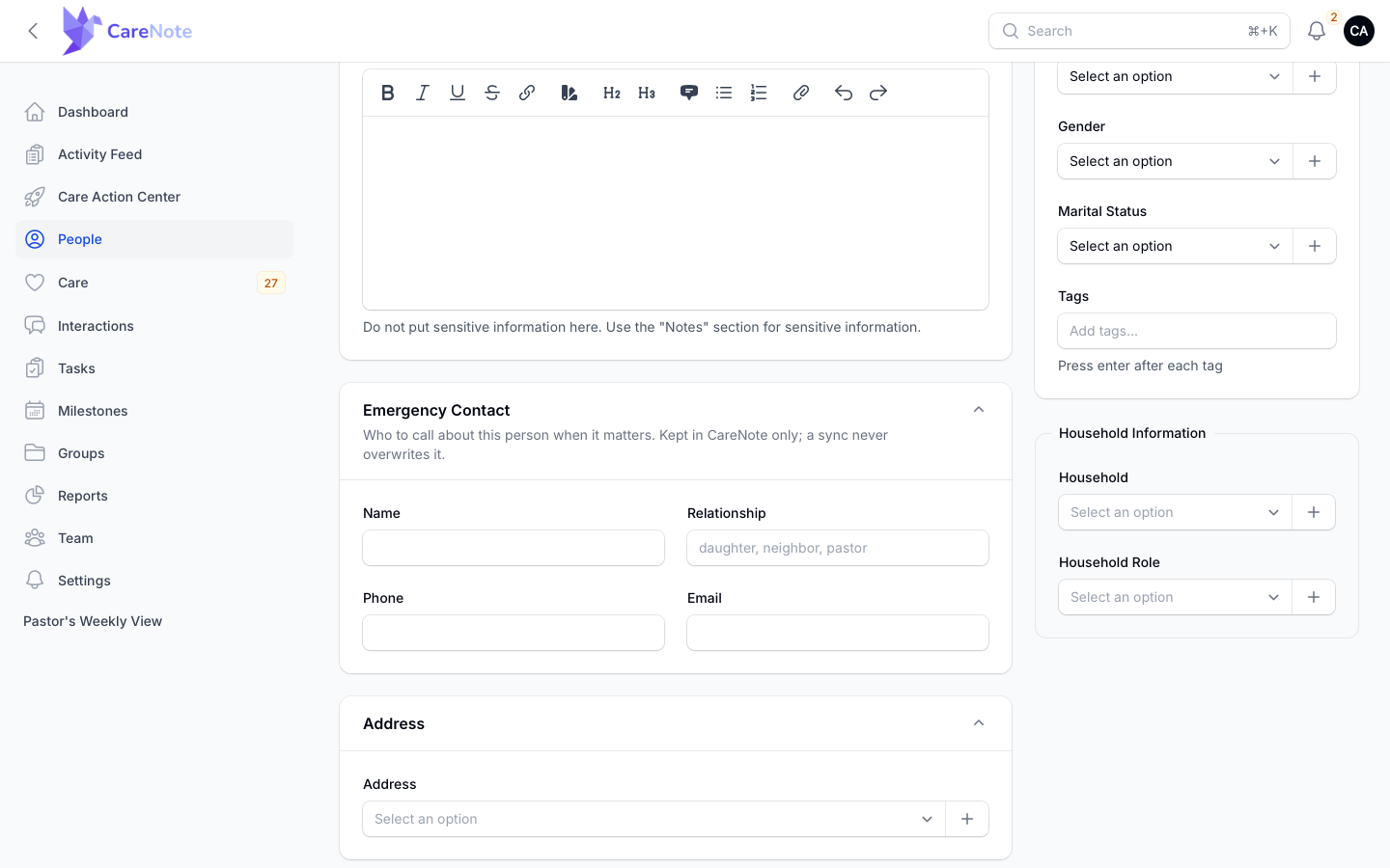 Add Person form with the Emergency Contact section open above Address and Tags