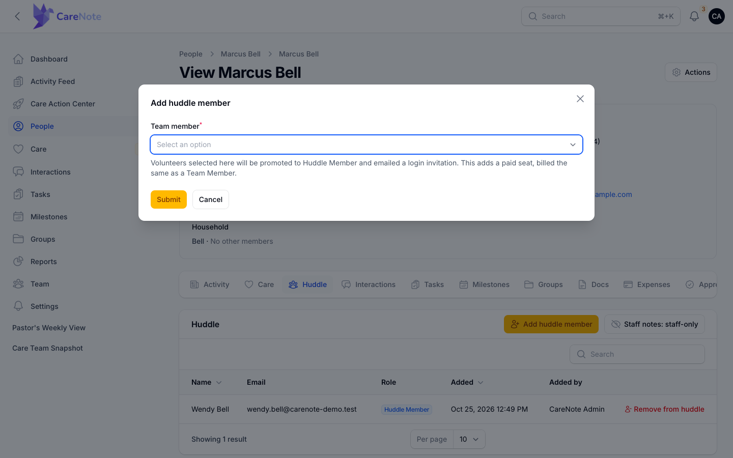 The Add huddle member modal on a profile huddle