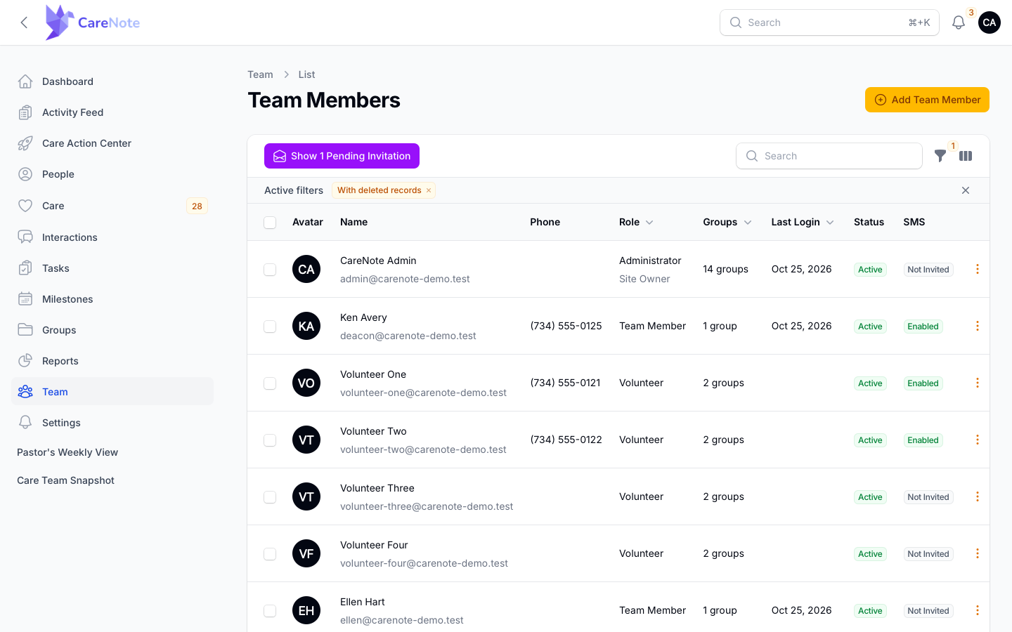 The Team Members list showing Volunteer rows and the Show 1 Pending Invitation button