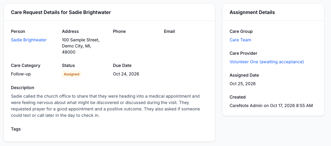 Assignment Details card listing a Care Group, a Care Provider awaiting acceptance, and the Assigned Date