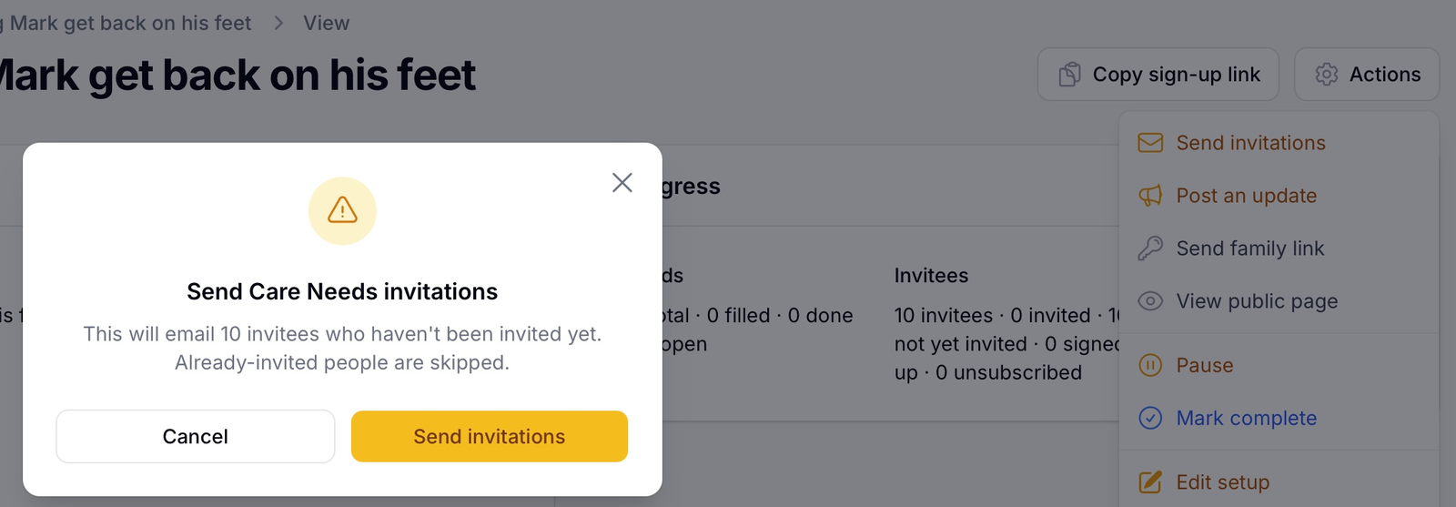 Send Care Needs invitations confirmation reading This will email 10 invitees, beside the page's open Actions menu