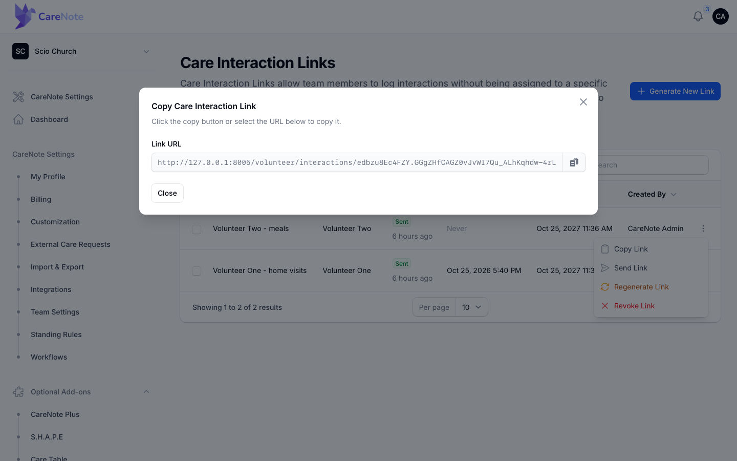 The Copy Care Interaction Link window with a read-only Link URL