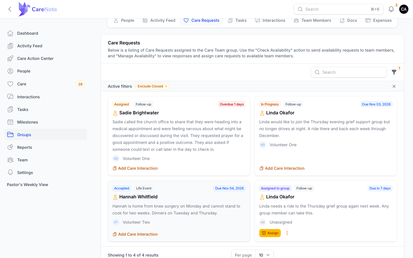 Care Requests tab of a group with Assigned, In Progress, Accepted and Assigned to group badges