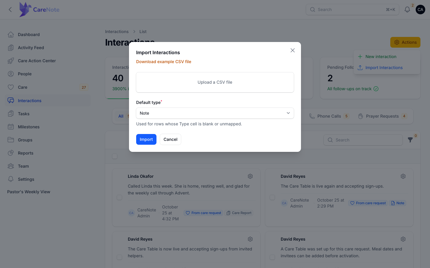 The Import Interactions modal with the example file link, upload area and Default type