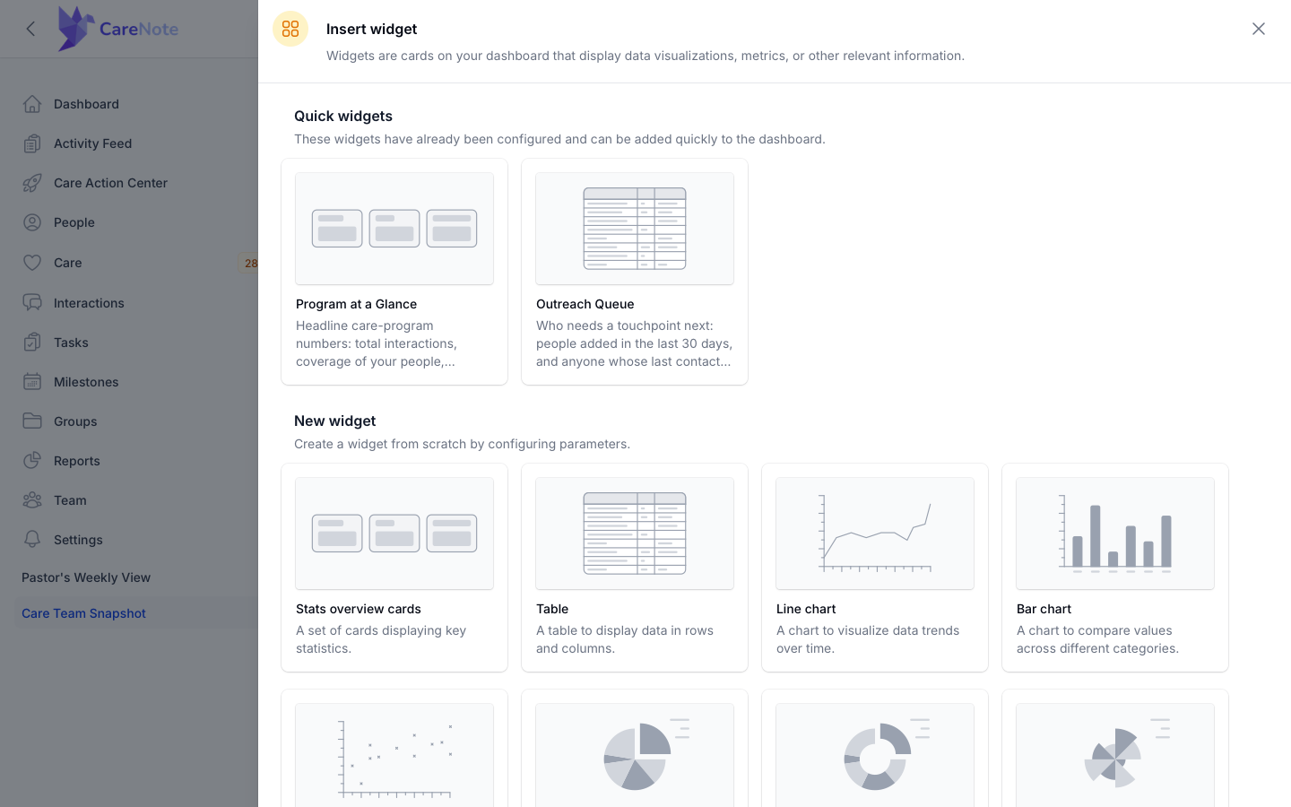 The Insert widget picker with the two Quick widgets and the New widget types