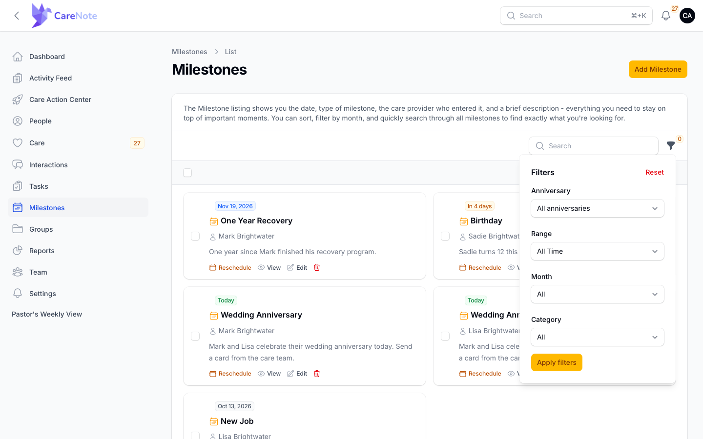 The Filters panel open with Anniversary, Range, Month, and Category controls