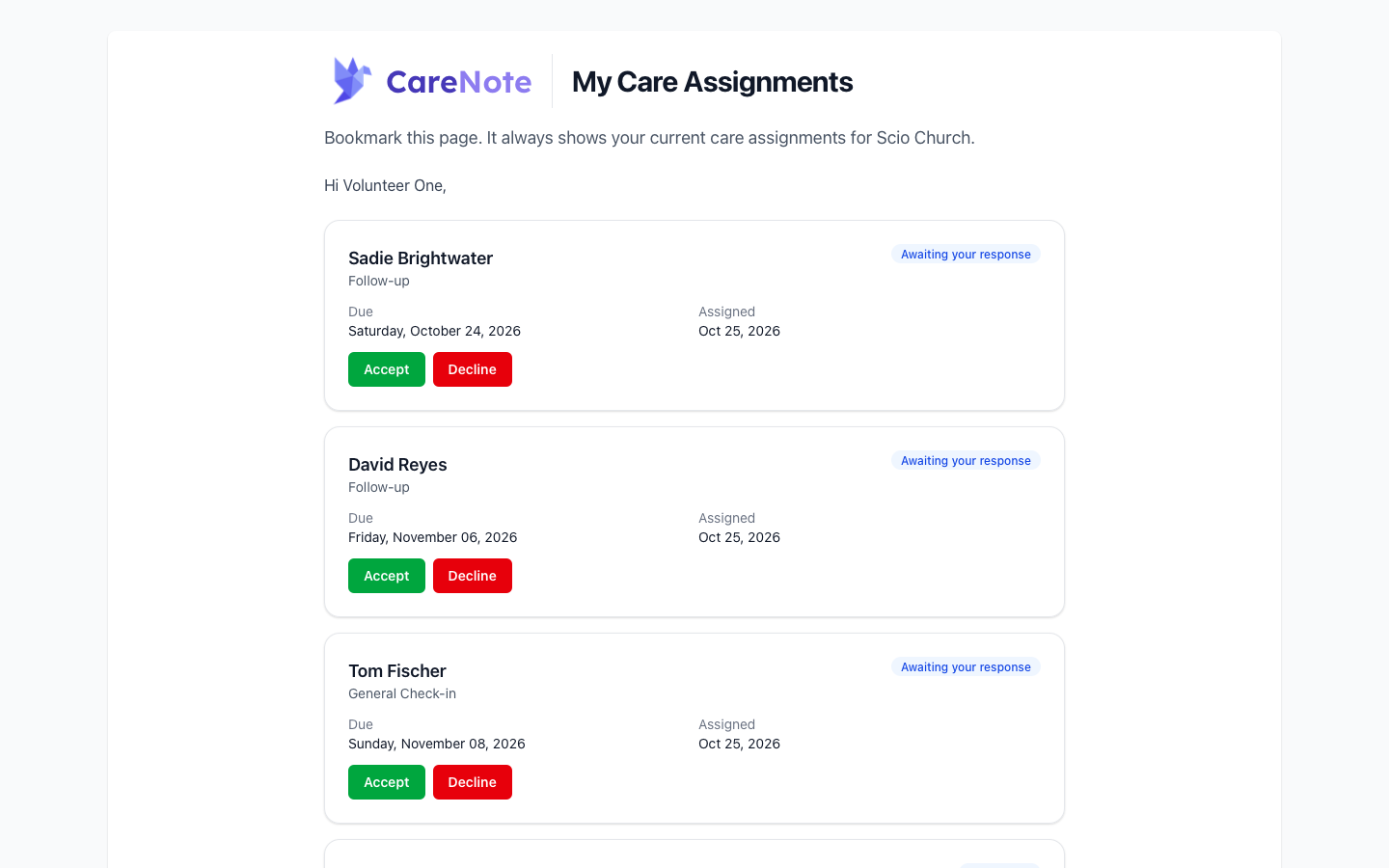 The My Care Assignments page with awaiting-response cards and Accept and Decline buttons