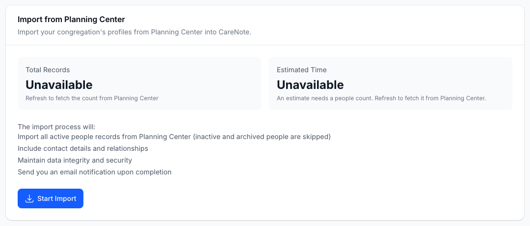 The Import from Planning Center page with the record count, estimated time, and Start Import button