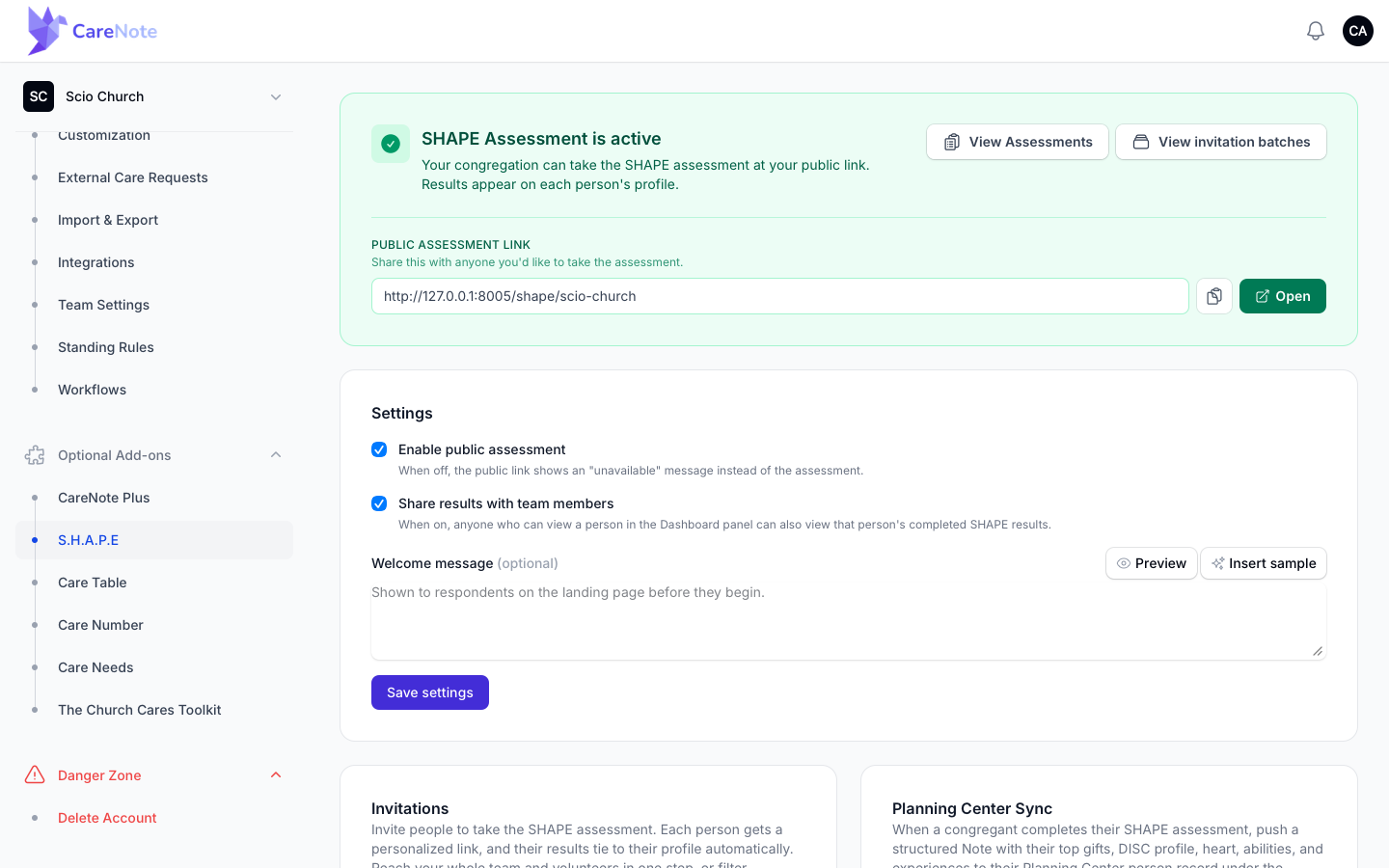 The active SHAPE settings page with the public link and both checkboxes ticked, including Share results with team members