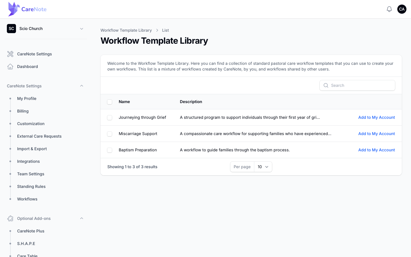 Workflow Template Library listing three starter templates