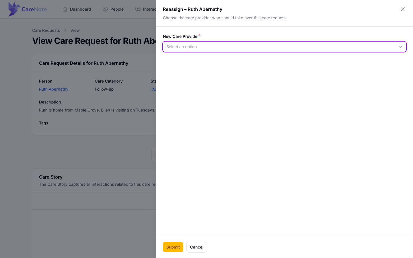 The Reassign slide-over with the New Care Provider select