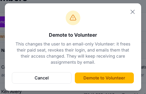 The Demote to Volunteer confirmation with Cancel and Demote to Volunteer buttons