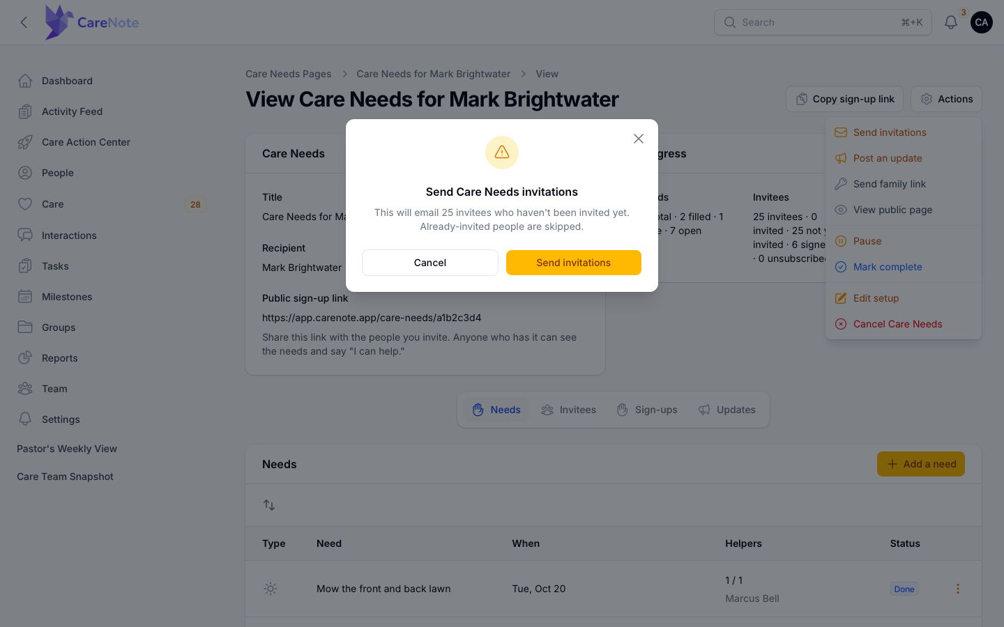Send Care Needs invitations confirmation