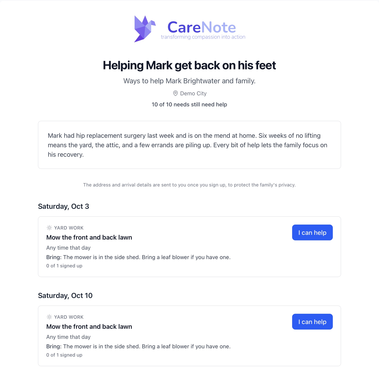 Public sign-up page for Mark Brightwater with the story, Demo City only, and Saturday mowing needs with I can help buttons