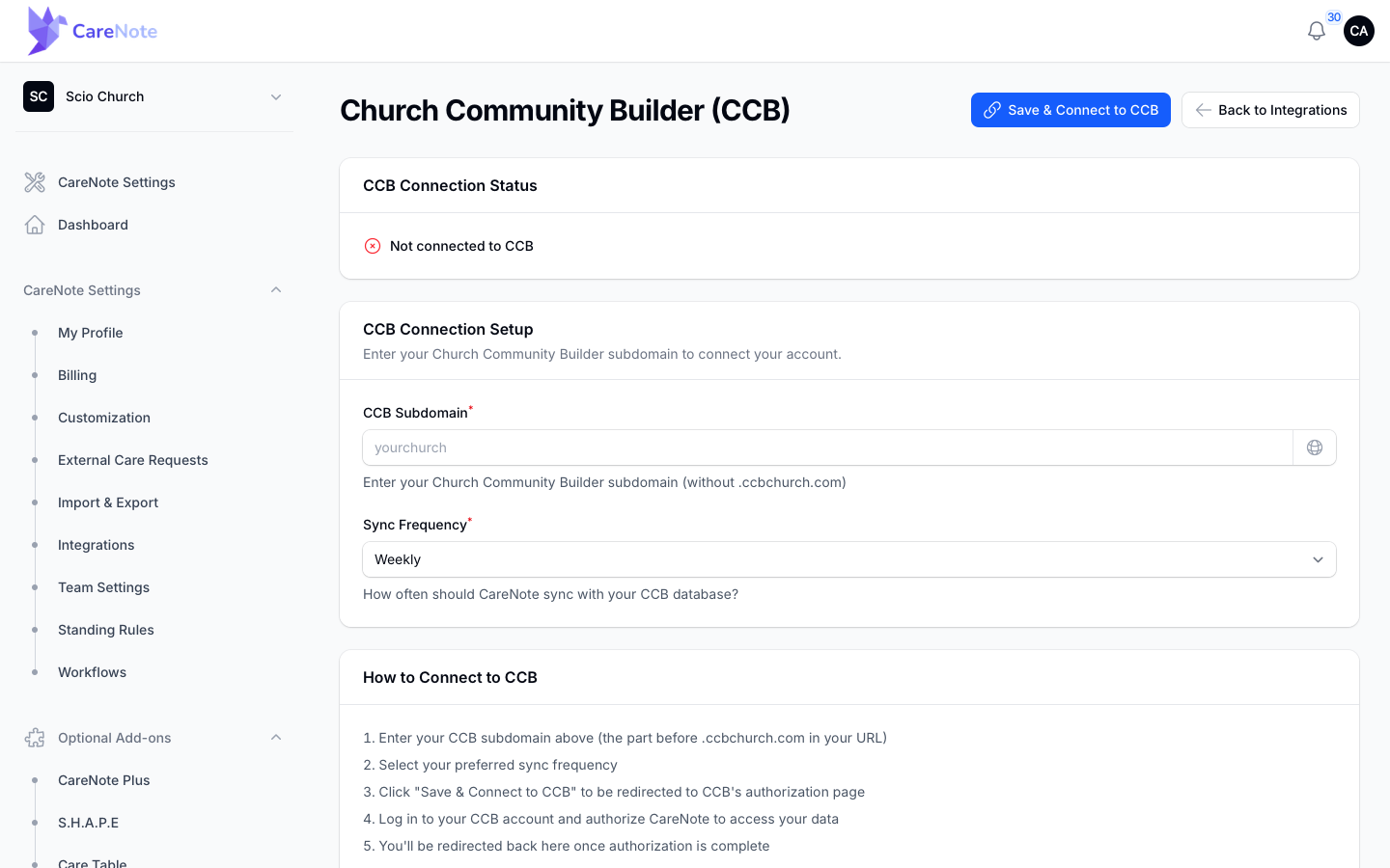 The CCB setup page with the CCB Subdomain field, Sync Frequency, and How to Connect steps