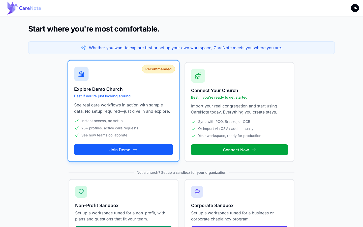 The choose-your-path page with four cards: Explore Demo Church, Connect Your Church, Non-Profit Sandbox and Corporate Sandbox