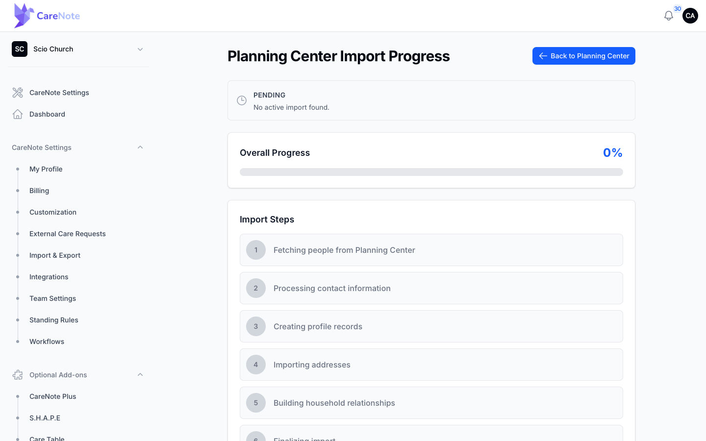 The Import Progress page showing the six import steps and counters for records, profiles, households, and errors