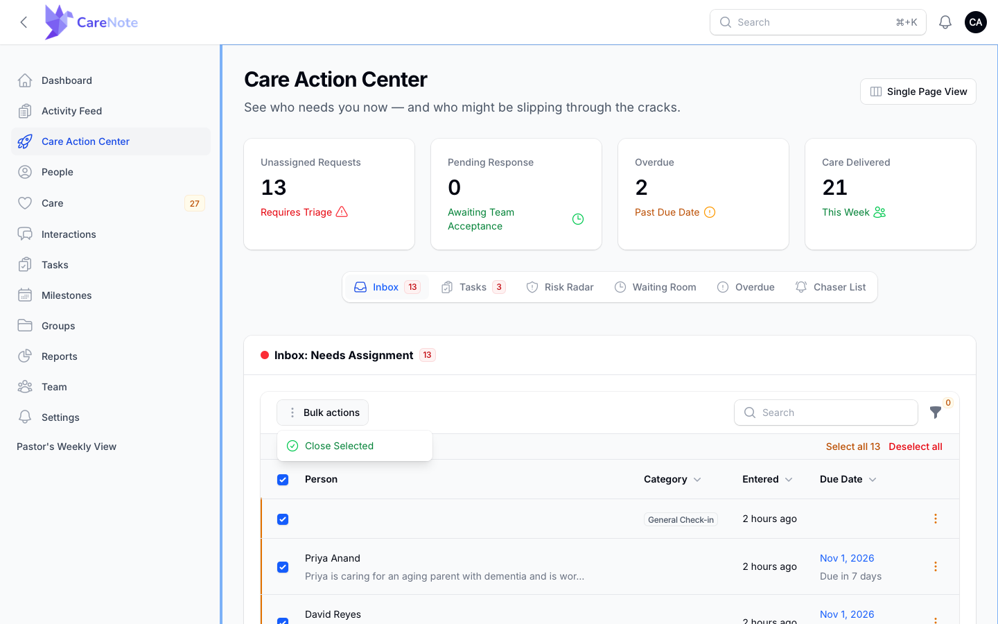 The Inbox Bulk actions menu with Close Selected after several rows are ticked