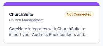 The ChurchSuite card in the Integrations catalog showing a Not Connected label